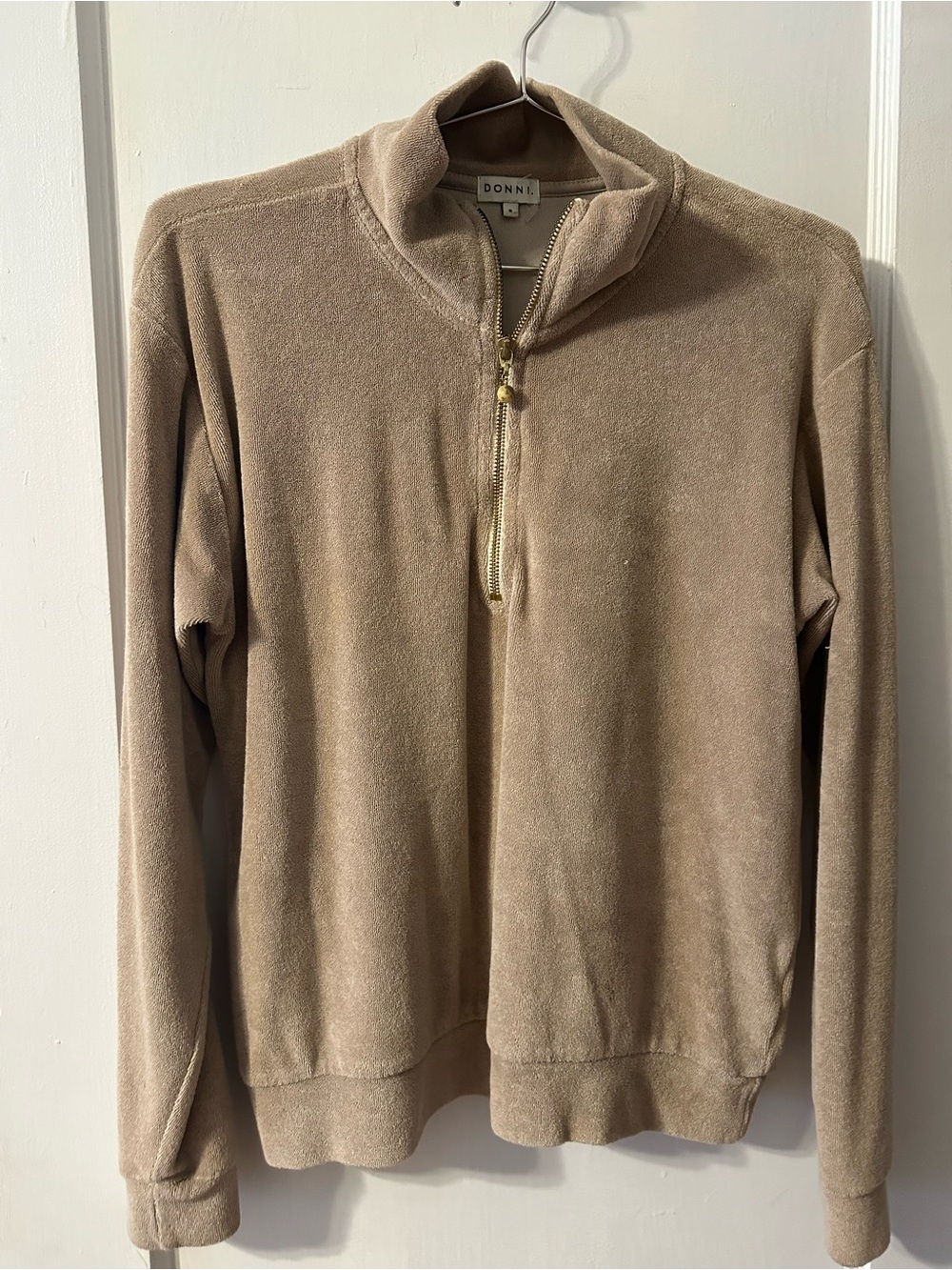 DONNI. Taupe Half-Zip Terry Sweater, size Small